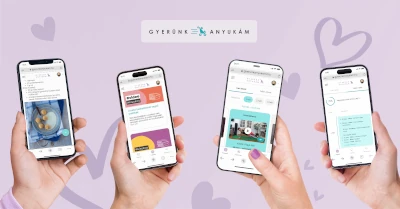 mockup with 4 hands holding a mobile, on the screen different gya products